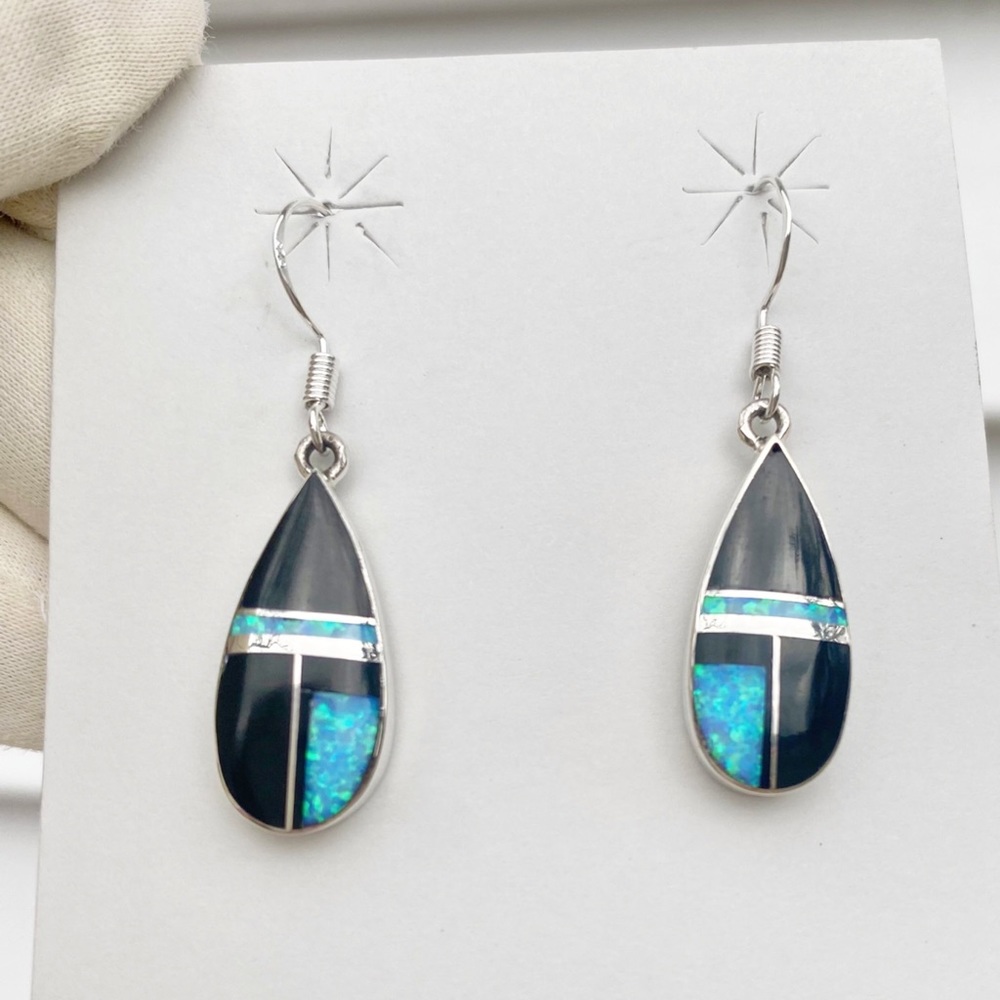 Signed-James Manygoats Navajo Onyx, Opal Inlay & Sterling Silver Dangle Earrings